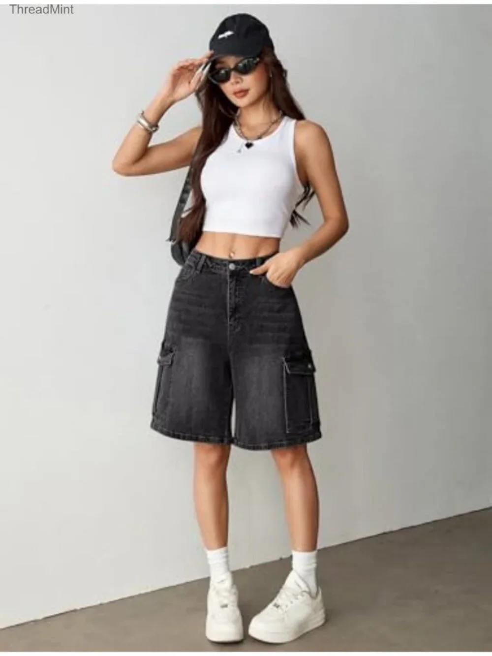 Y2K Baggy Bermuda Cargo Jorts for Women 6 Pockets Stretchy Denim Knee Length